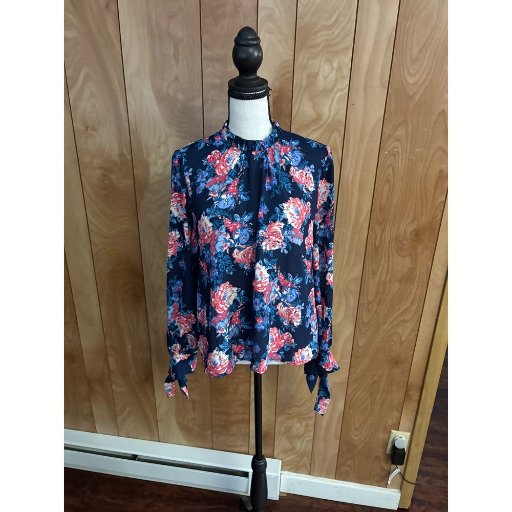 WAYF Navy Blue Floral Ruffle Neck Tie Cuff Blouse XS Long Sleeve Rose Print